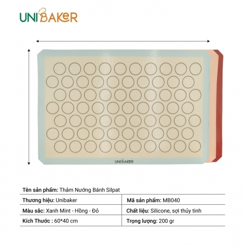 Unibaker - Tấm nướng silpat 40x60cm MB040 (Xanh mint, Hồng, Đỏ)