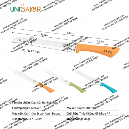 Unibaker - Dao Cắt Bánh Răng Cưa 8'' - MB828 ( cam-xanh lá-xanh dương )
